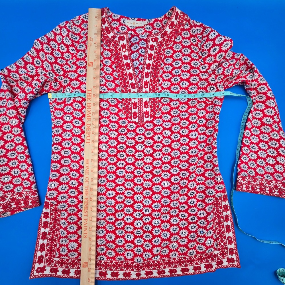 Tory Burch Red White Daisy Floral Embroidered Split Neck Tunic Top Size 10 - Picture 5 of 7